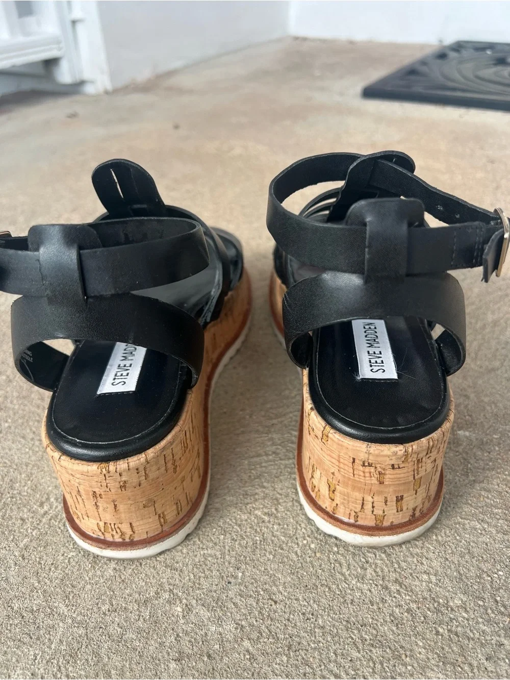 Steve Madden Black Leather Gladiator Cork Platform Sandals